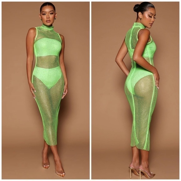 Fashion Nova Luxe Neon Green Lime Nadiya Embellished Fishnet Midi Dress Size XL - Picture 2 of 8